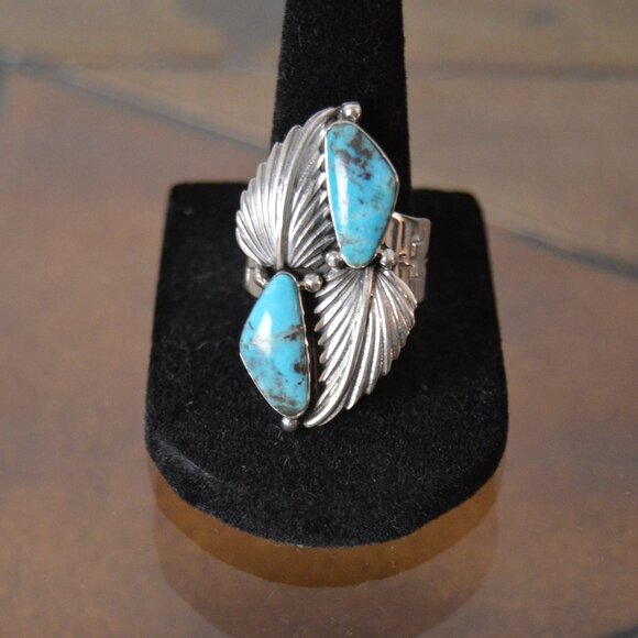 Handmade Navajo Sterling Silver and Turquoise Ring by Gregg Yazzie, Size 8.75 - Picture 2 of 8